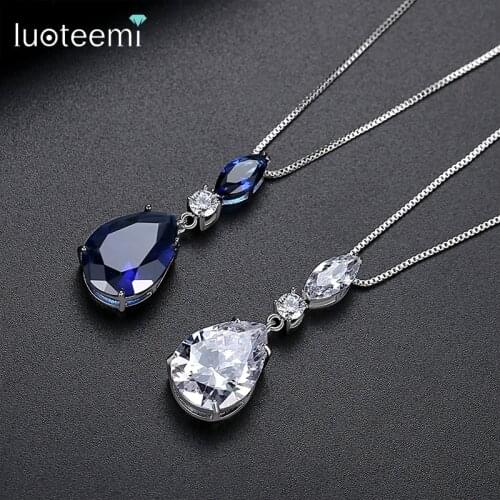 LUOTEEMI Classic Waterdrop Pendant Necklaces for Women Party Dinner Noble Blue AAA CZ Box Chain Fashion Jewelry Gift Bijoux