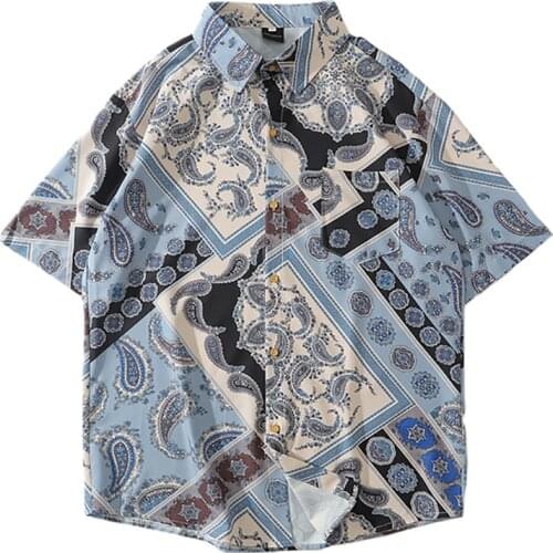 Paisley Bandana Shirt Men Hip Hop Harajuku Shirts For Men Camisa Masculina Stripe Shirts With Short Sleeve Turn Collar Tops
