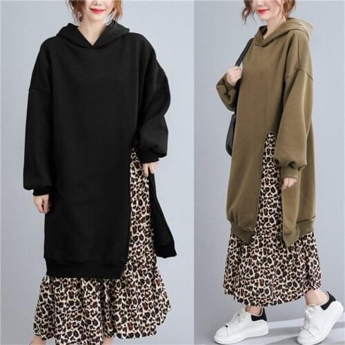 Clothes Autumn Winter Korean Leopard Print Stitching Padded Velvet Sweatshirt Dress Women Loose Plus Size Long Hooded Dress y922