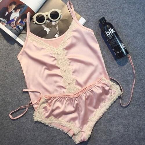 Sexy Lace Satin Deep V-Neck Sleeveless Pajamas Set Women Sleepwear Set womens Pajamas Spaghetti Strap Lace Sexy Pajama Set