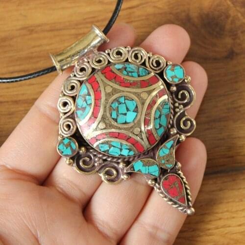 PN046 Nepal Tibetan Jewelry Brass Turkish Coral Stone Women Pendant Necklace Handmade Pendants New Arrival