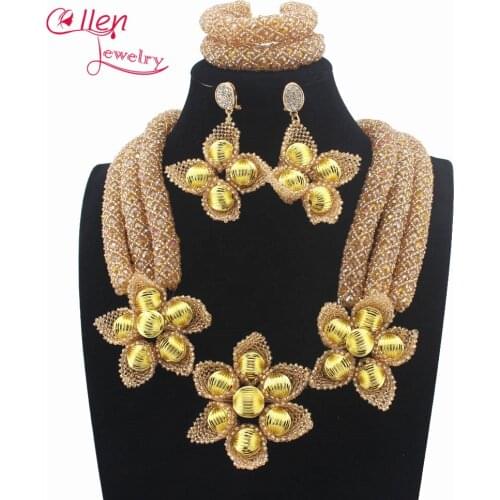 Romantic nigerian Wedding Crystal Beads Jewellery Set Champagne african Beads Jewelry Set Women Costume W13945