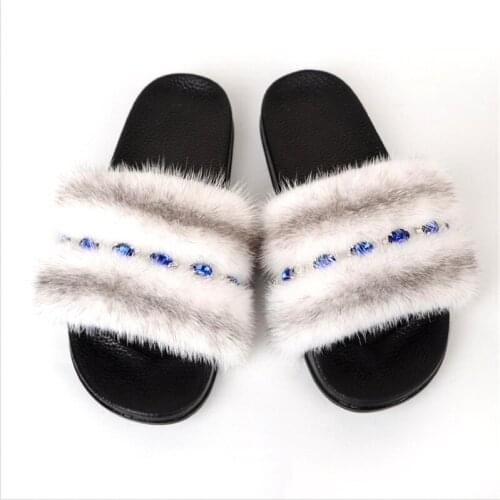 Summer Ladies Fluffy Plush Slippers Mink Fur Slides Real Fur Sandals Womens Home Furry Soft Shoes Luxury Bling Female Footwear