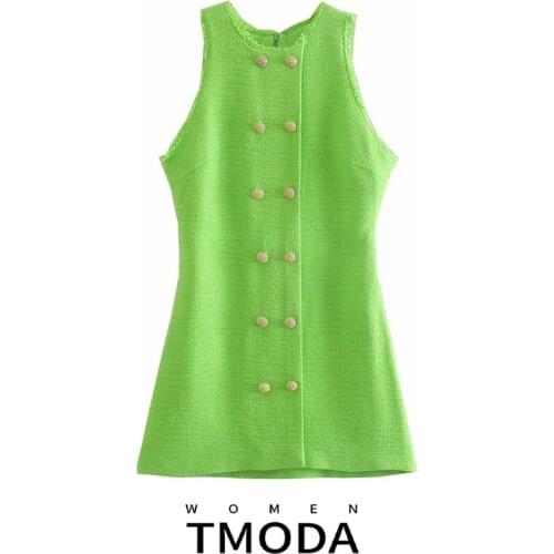 TMODA1523 Za 2021 Summer Women Textured Weave Dress With Button Lady Fashion Green Round Neck Sleeveless Slim Dresses Female