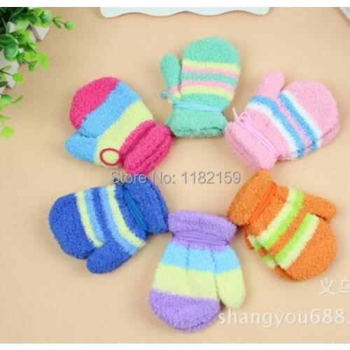 FREE Coral Cashmere Striped Gloves posy Mittens Cord For Children Accessories keep warm gloves10pair