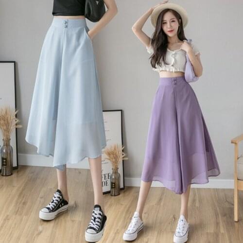 2020 Women Chiffon Wide Leg Pants Skirt High Waist Elastic Waist Summer Black White Purple Casual Women Clothes Streetwear