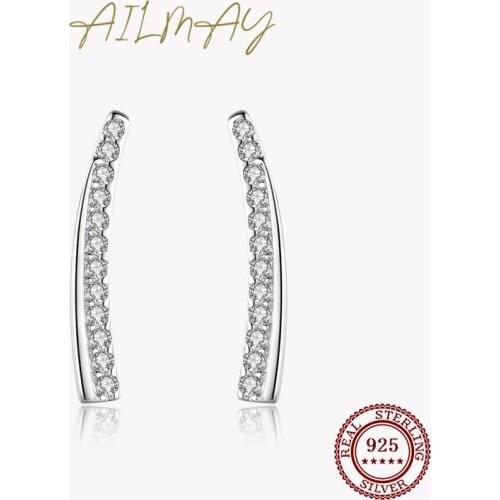 Ailmay Authentic 925 Sterling Silver Clear Zirconia Sickle Month Shape Stud Earrings For Women Girls Party Accessories Jewelry