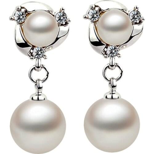 New Fashion Womens Silver Plated Pearl Jewelry Brincos Crystal Pendant Zircon Earrings With Pearls Ball Drop Earrings