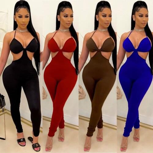 Halter Women Jumpsuit Sheer Backless Cutout Skinny Rompers Sexy Club Party One Piece Overall 2021 Summer New Workout Activewear