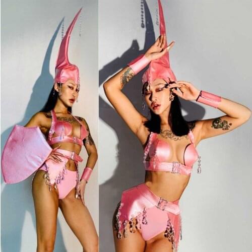 Pink Leather Crystals Sets Dance Costume Women Outfits Sexy Pole Stage Festival Clothing Nightclub DJ Singer Team Wear XS2779