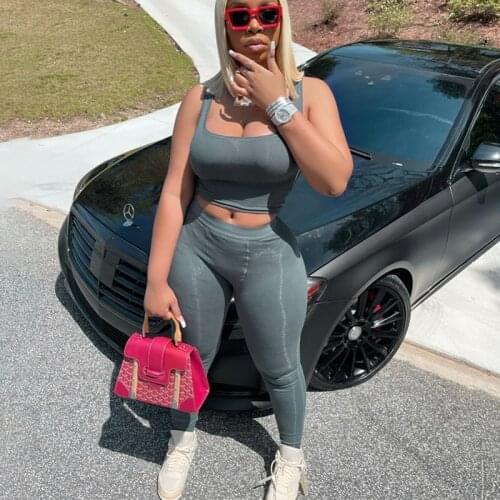 Ribbed Knitted Women 2 Piece Set Gym Crop Top Tanks Leggings Casual Streetwear Sporty Tracksuit 2021 Summer Active Wear