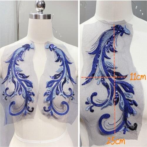 1 Pair Phoenix Sequins Patches Embroidery Blue Peacock Feather Pattern Lace Applique Embroidery Glitter Tail Scrapbooking