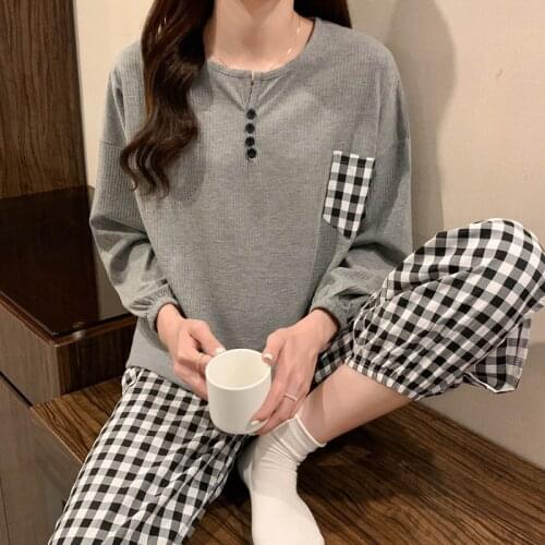 2021 Autumn Long Sleeve Cotton Pajama Set for Women Korean Casual Plaid Sleepwear Suit Pyjama Homewear Pijama Mujer Home Clothes