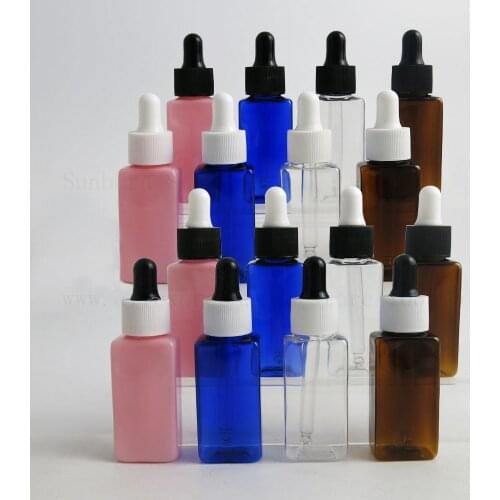 30ml Square e liquid PET Plastic Dropper Bottle 1oz Clear Amber Blue Pink Dropper Containers for Essential Oil Use 50pcs