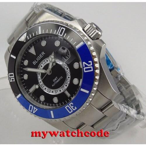 43mm bliger black dial ceramice bezel GMT sapphire glass automatic mens watch