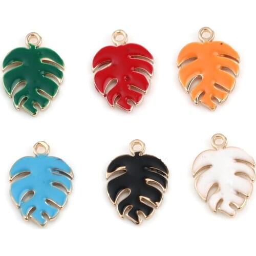 5PCs Copper Enamel Sequins Charms For Jewelry Making Colorful Monstera Leaves Pendant Bracelet DIY Findings 13x9mm