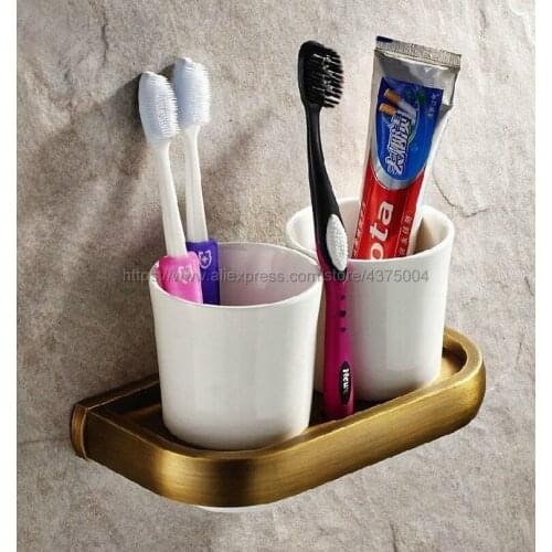 Wall Mounted Antique Brass Double Cup Holder Toothbrush Holder with Two Ceramic Cups Rack Tumbler Holder Nba177