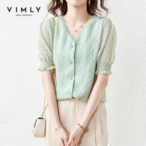 VIMLY Summer Blouse Women Elegant V Neck Button up Shirt Flare Sleeve Green Lace Shirts Vintage Blusas Womens Tops F7220