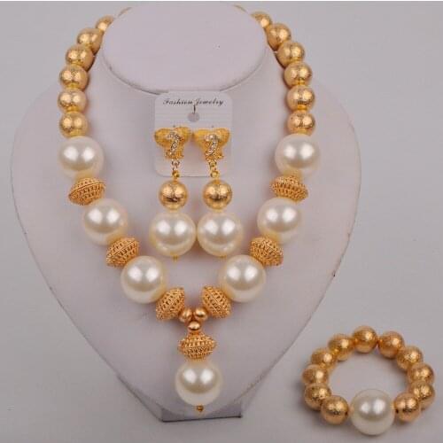 Dubai Gold Jewelry Sets for Women Bridal Jewelry White Pearl Necklace Fashion Wedding Bridesmaid Jewelry Sets