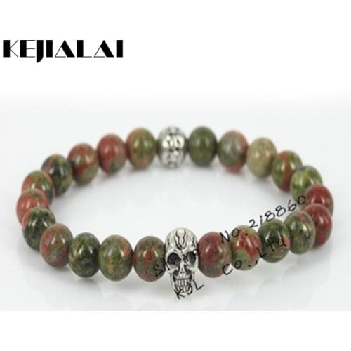 KEJIALAI 1pcs New Design Different Unakite Stone Beads Men Bracelet Charm Cavemous Skull Head With Charms Beads Women Bracelet