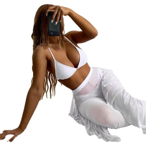 3Pcs Women Swimwear Set Bikini Set with Cover-Up Pants Solid Color Bikini Tops+ Panties+ See-through Trousers For Summer Suit
