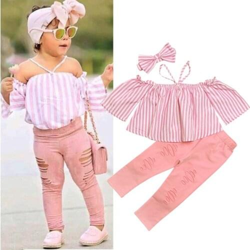 2-7Yrs New Children Girls Striped Outfits Summer Kids Off Shoulder Tops+Hole Pants+Headband 3Pcs Suts Girls Clothes