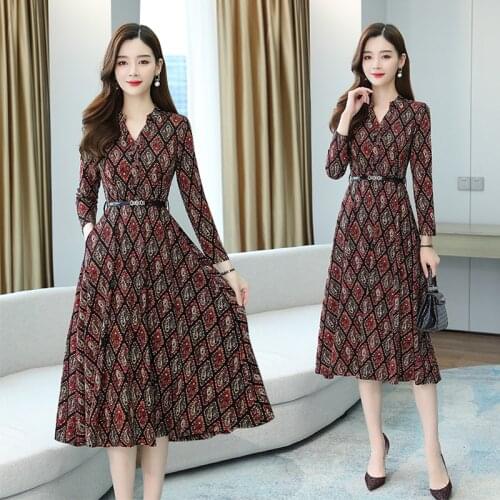 New women dress spring autumn retro print knitted dresses women casual V-neck long-sleeved Office ladies work plaid dress belts