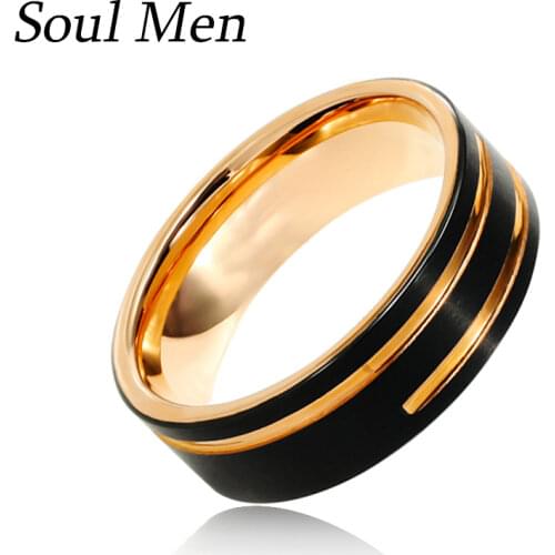 Soul Men 8mm Black with Rose Gold Color Ring for Male Tungsten Wedding Band Comfort Fit Matte Two Grooves Finish Size 8-13