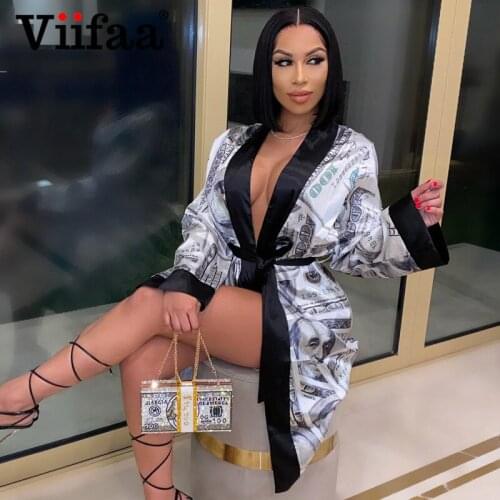 Viifaa Multicolor Print Faux Silk V-Neck Wrap Dresses Club Women Long Sleeve Sexy Sleepwear Robe Female Party Nightwear Dress