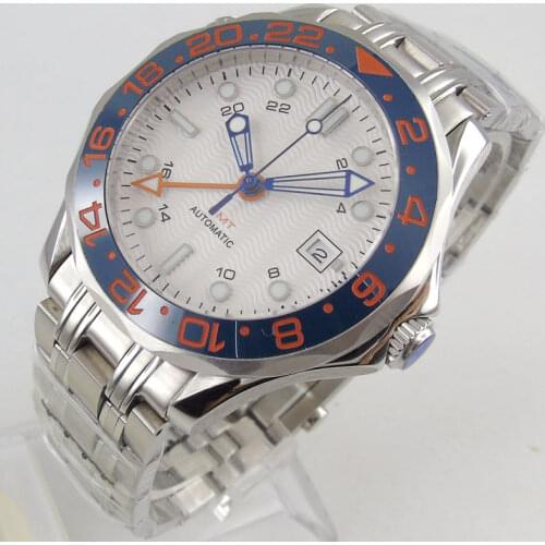 Luxury 41mm Mechancial Men Watch Sapphire Glass GMT Movement Steel Band transparent back Ceramic Bezel Date Function