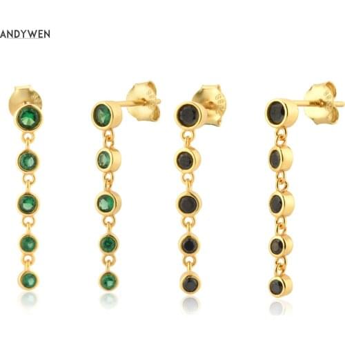 ANDYWEN 925 Sterling Silver Gold Six Green Black Zircon Charm Chain Drop Earring Piercing Rock Punk Women Fine Jewelry Gift