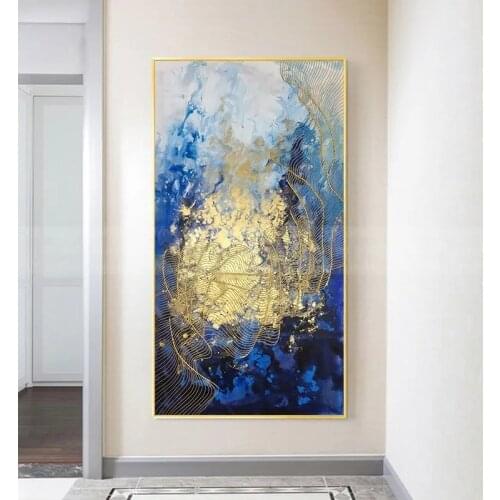 Modern Abstract Gold Lines Blue Canvas Painting Gold Art Acrylic Texture Poster and Print Wall Art Picture for Living Room Decor