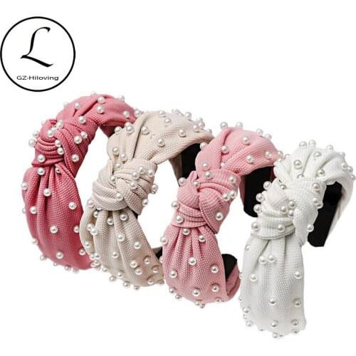 Vintage Women Sparkly Pearls Cotton Headbands 2019 New Autumn Width Knot Hair bands Accessories For Ladies Girls Hair Hoops