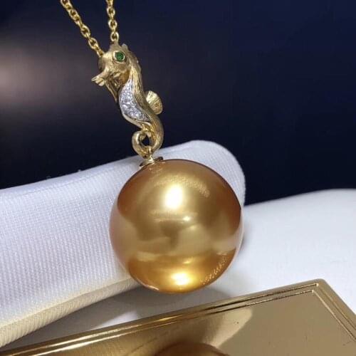 Fine Jewelry 18K Yellow Gold Natural Ocean Golden Pearl 13-12mm Pendant Necklaces for Women FIne Pearls Pendants