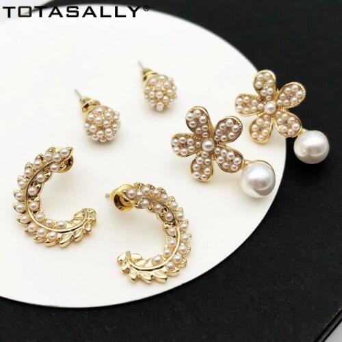 TOTASALLY Womens Earrings trendy mini Simulated Pearl Flower/Leaf /Star/ Ball Stud Earrings Fashion Anti-Allergy Earrings