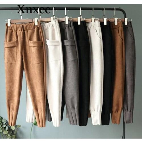 Women Spring Suede Harem Pants High Waist Elastic Pockets Harem Pants Casual Autumn Loose Plus Size Trousers Streetwear mujer