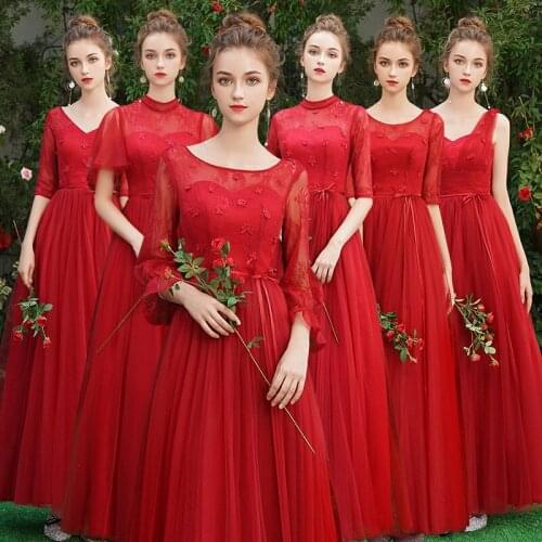 Beauty-Emily Red Long Lace Bridesmaid Dresses 2019 Plus Size for Women A-Line Half Sleeve Vestido da dama de honra
