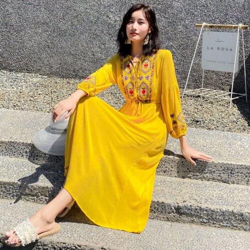 Boho Floral Embroidery Ethnic Dress Women 2021 Tassel Lace Up V-Neck Long Sleeve Maxi Dresses Party Vacation Beach Long Vestidos