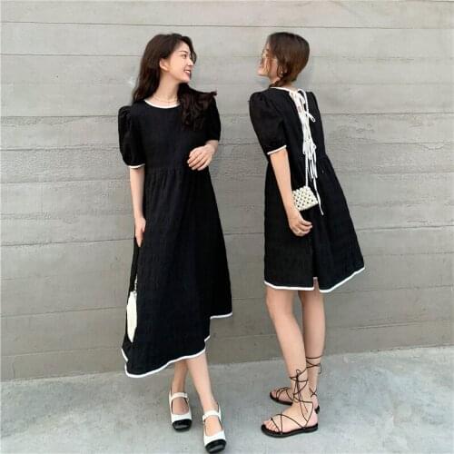 Dresses French Open Back Lace Round Neck Short-sleeved Dress Female Summer New Style Korean High-waist Mid-length Skirt