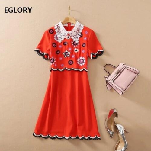 Sequined Dress 2021 Spring Summer Fashion Designer Runway Women Lace Turn-down Collar Embroidery Patterns White Red Dress Club