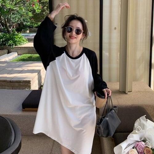 Women Loose Dress Korean Style Fashion Simple Retro Casual All-Match Round Neck Long Sleeve T-Shirt Style Dresses Autumn