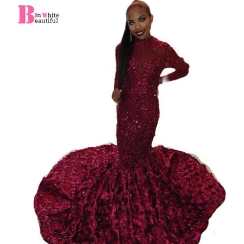 Beautifulinwhite Sparkly Mermaid Prom Dresses Long 2019 High Neck Long Sleeves 3d Flowers Evening Gowns Robe De Soiree BP039