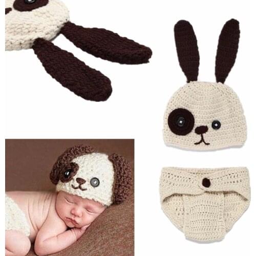 2Pcs/Set Newborn Photography Props Crochet Knit Baby Hat Cartoon Cute Dog Infant Clothes Baby Boy Girls Photo Accessories