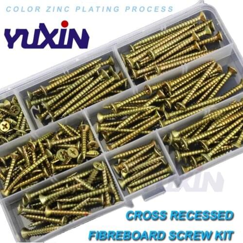 230pcs Wood Screw Set Cross Recessed Fiberboard Screw Zinc Plated Self Tapping Screw Countersunk Flat Head Board Screws