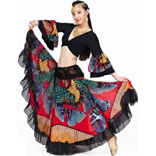 720 Degrees Luxury Butterfly Print Women Belly Dance Skirt Lace Bohemian Gypsy Female Spanish Flamenco Skirt Dancing Costumes