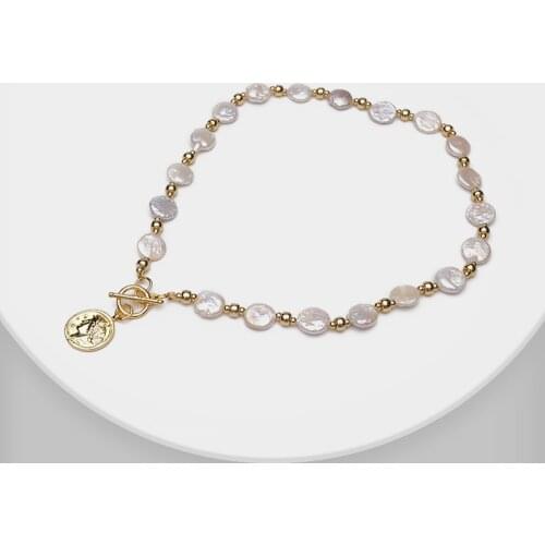 Amorita boutique Metal coin with prototype flat natural pearl necklace