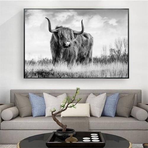 Black and White Freedom HIGHLAND COW Animal Canvas Painting Posters and Prints Scandinavian Yak Wall Art Picture for Living Room