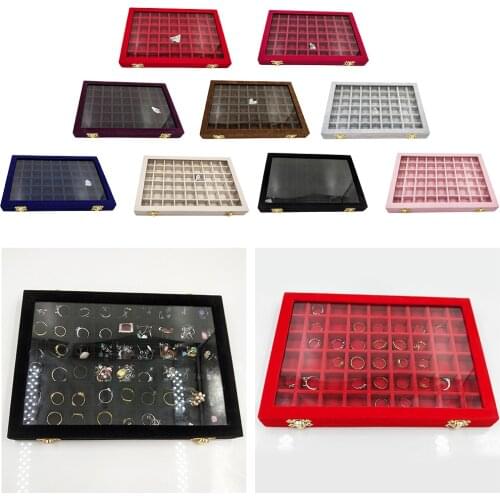 Wood Jewelry Display Tray Diamond Beads Storage w/ Glass Lids Organizer Showcase