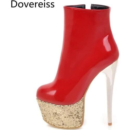 Dovereiss Fashion Womens Shoes Winter Concise Pure Color Platform New Sexy Red White Ankle boots Zipper 33-48