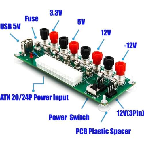 Electric Circuit 24Pins ATX Benchtop Computer Power Supply Breakout board module DC plug connector with USB 5V Port